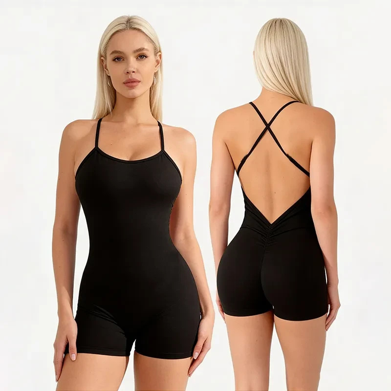 Women’s Black Backless One-Piece Fitness Suit – Slimming Yoga Romper