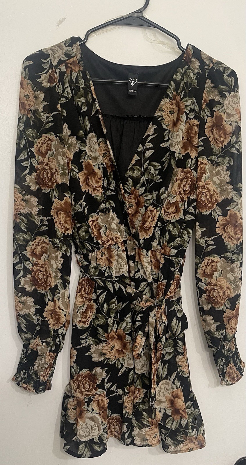 Windsor Women’s Floral V-Neck Long Sleeve Romper Black Brown Green Beige Size S