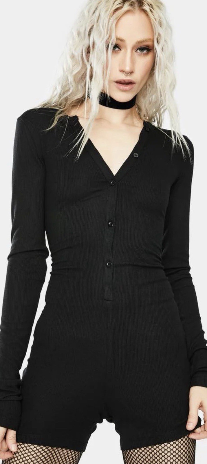 Lioness Angel Romper Jumpsuit Womens Size 8/L Black Ribbed Long Sleeve Button Up