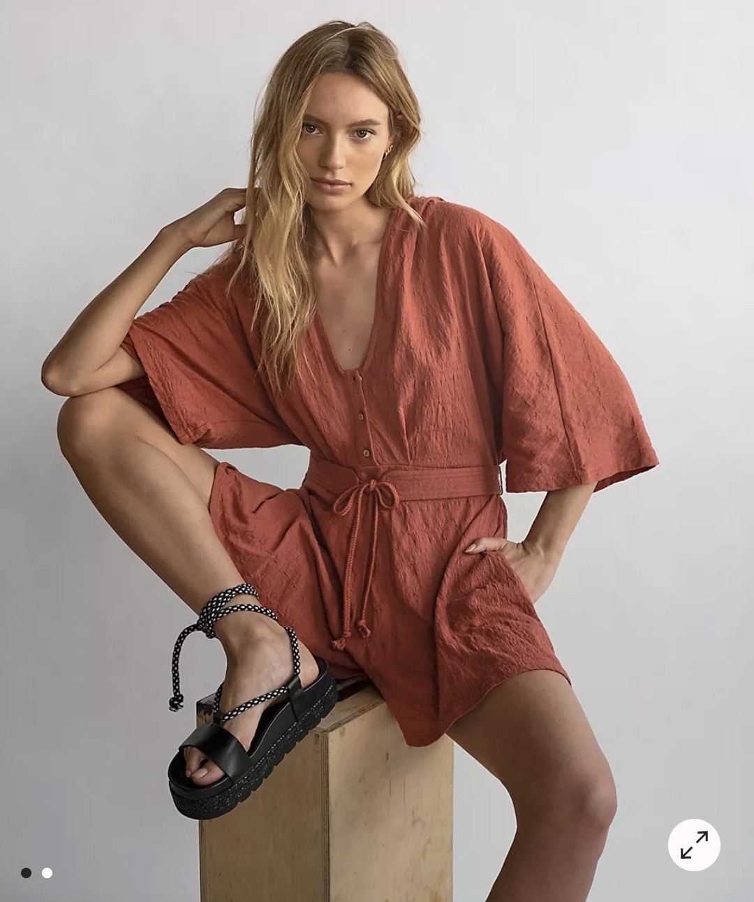 Free People FP Beach Daybreak Romper S Rust Gauze Boho V Neck Belted Kimono