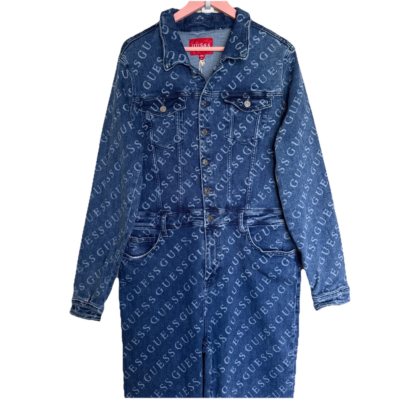 Guess Women Lorina Logo Denim Jumpsuit Medium Wash Blue Size XL NWT