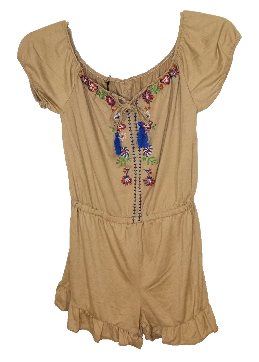Soft & Cozy by Poof Woman’s Tan with Floral Embroidery Shorts Romper – Size: M