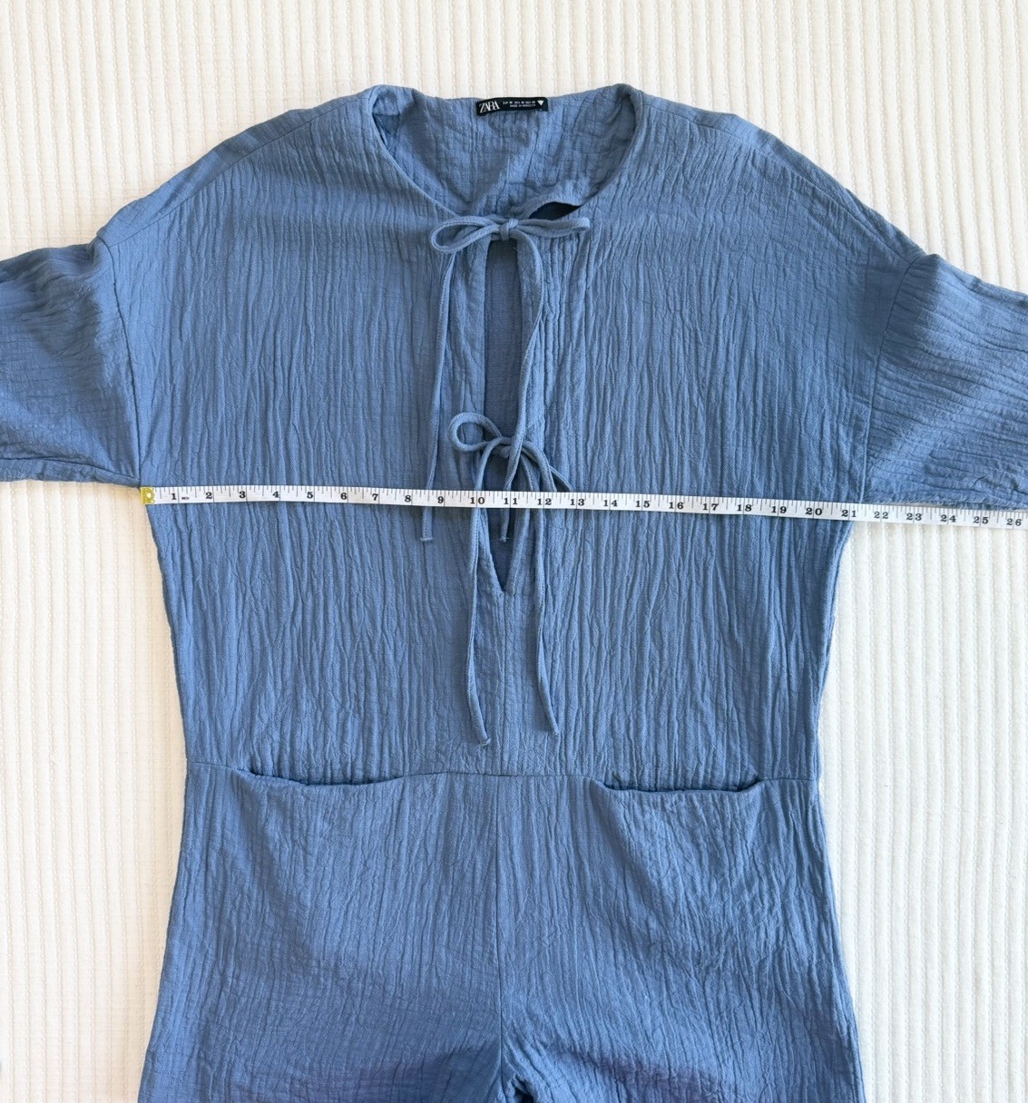 Zara Tie Front Cotton Gauze Coastal Blue Textured Romper Medium
