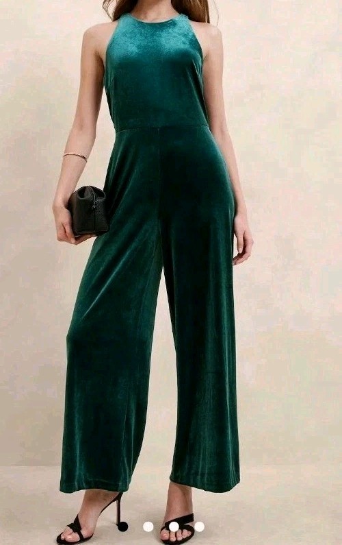 Banana Republic Womens M Teal Green Wide Leg Halter Jumpsuit Velvet Crew neck