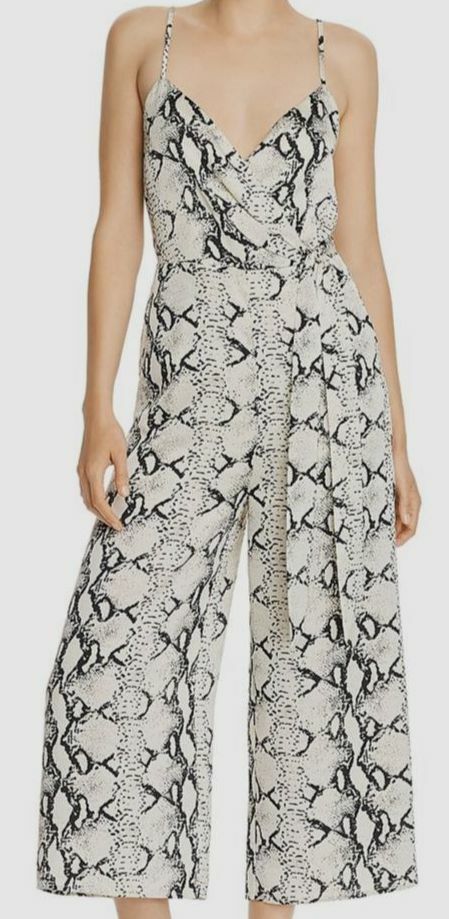 $249 Aqua Women’s White V-Neck Snake Sleeveless Tie-Waist Wide-Leg Jumpsuit XS