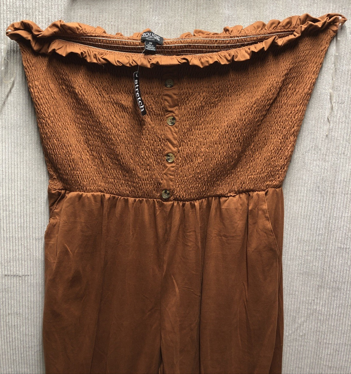 Rouge Collection Jumpsuit Size 3X Brown Strapless Smocked Upper Ruched Ankle