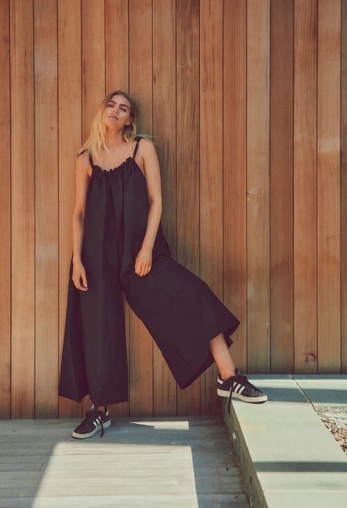 Two Dawson 100% Linen Anna Jumpsuit One Size Black Wide Leg Gather Shapeless