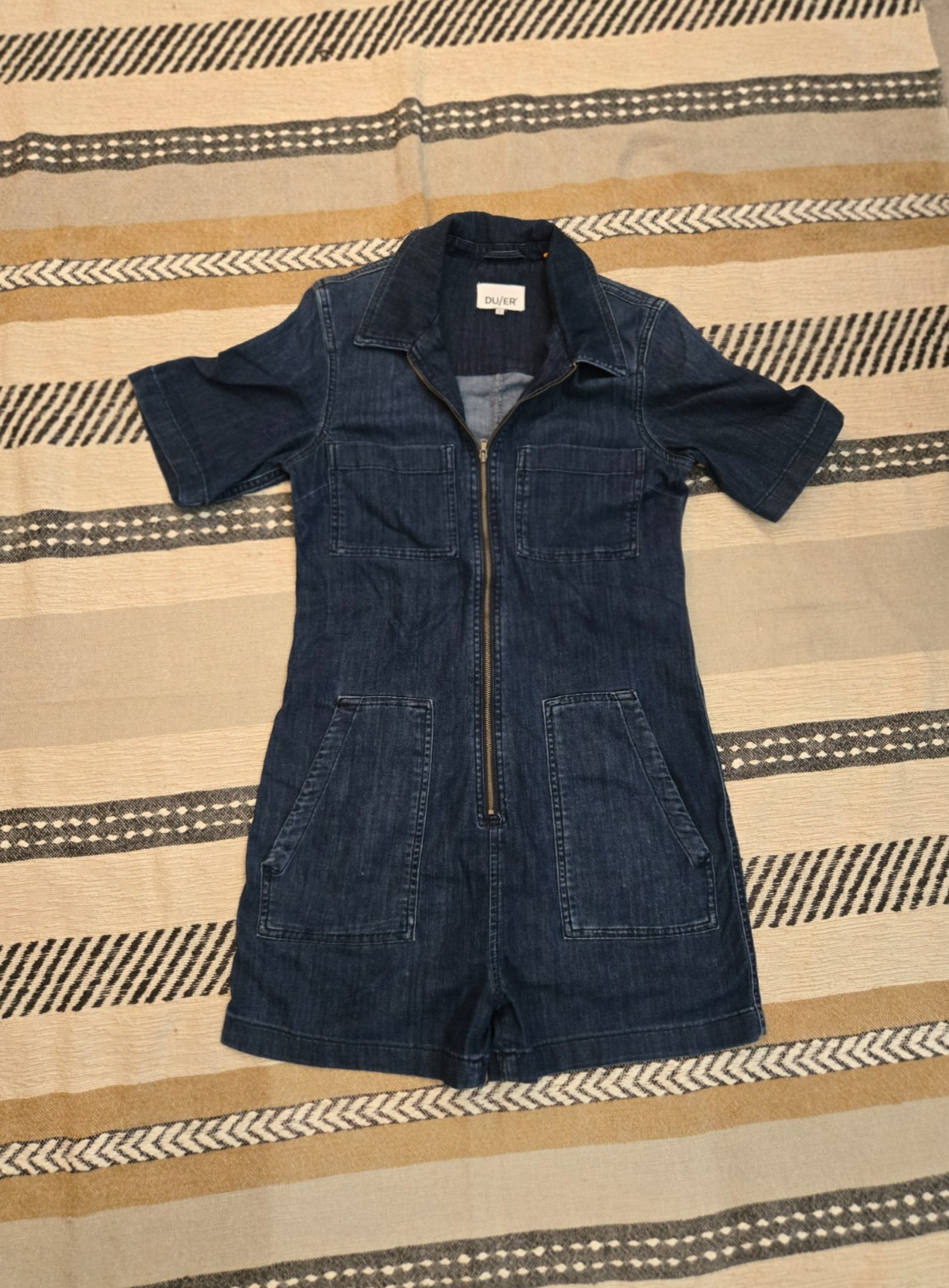 DUER Performance Denim Romper Dark Wash Zip Front Utility Size Small
