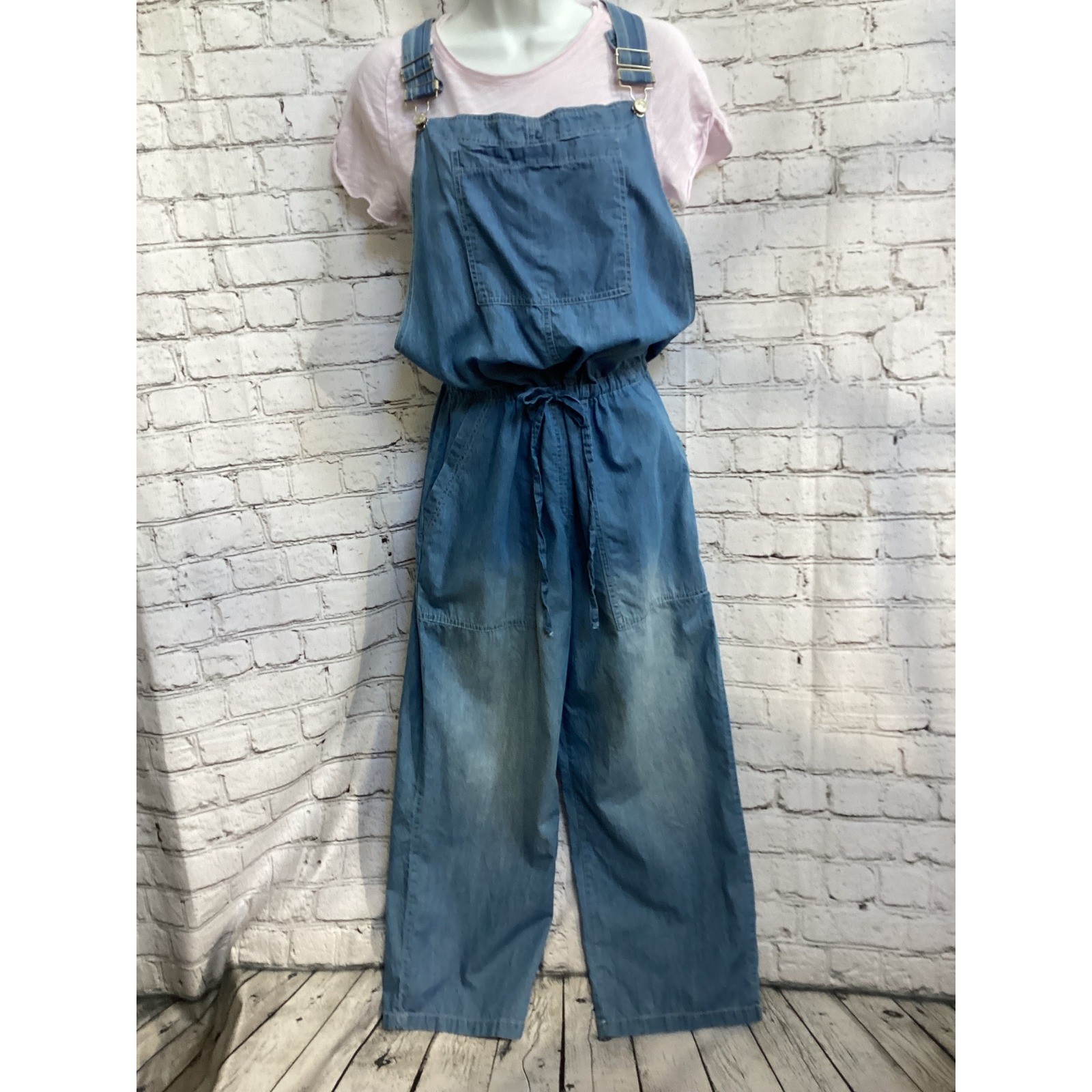 Belinda Denim Overalls Medium Wash Wide Leg Drawstring Waist Jumpsuit Womens M