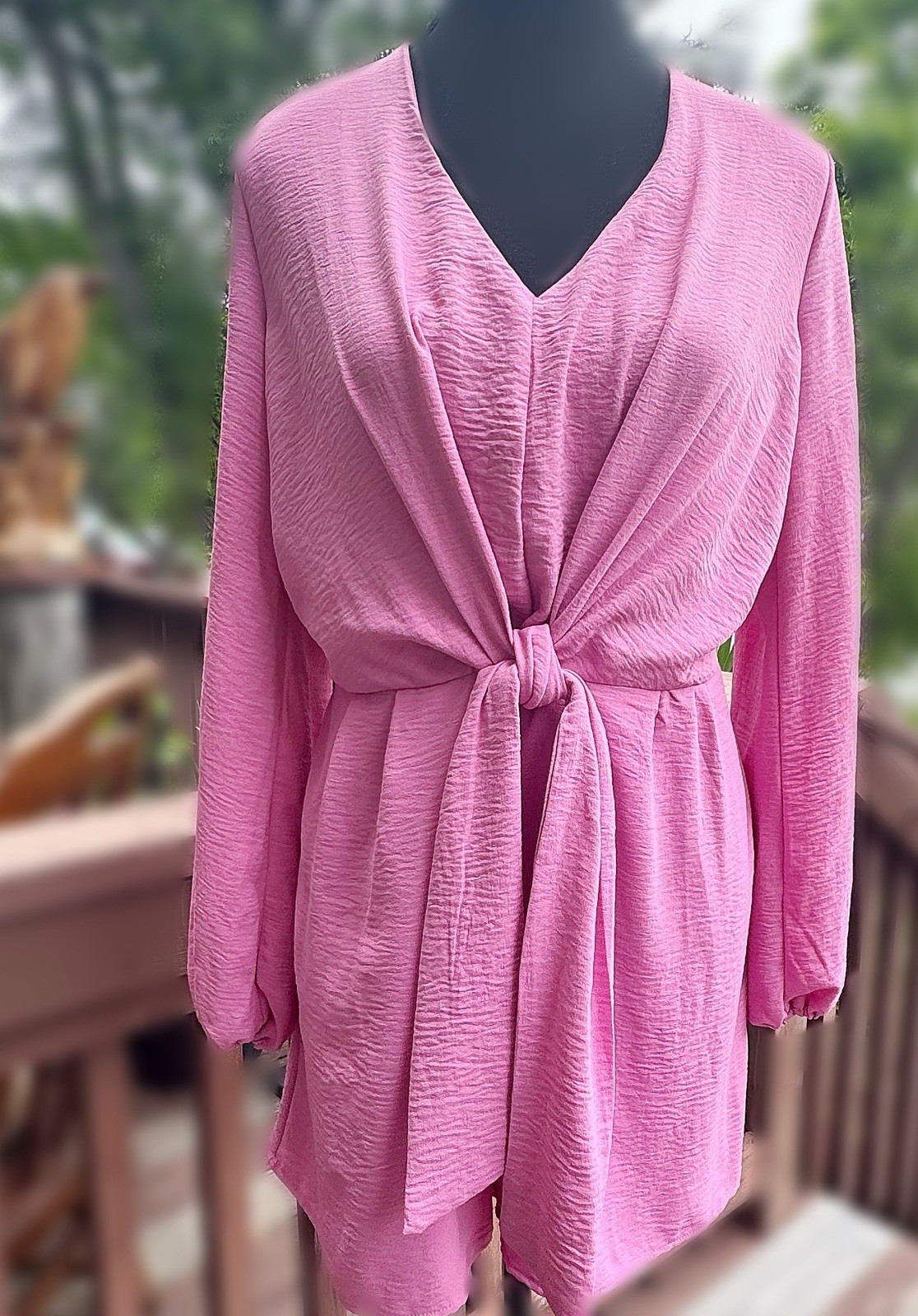 Intempo Pink Tie Front Romper Size M Long Sleeve Textured V-Neck Shorts