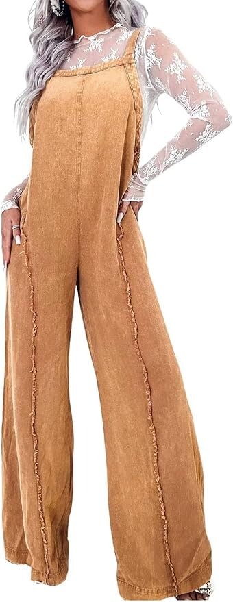 Women Loose Fit Denim Jumpsuit Adjustable Straps Wide Leg Long Pants Frayed Jean