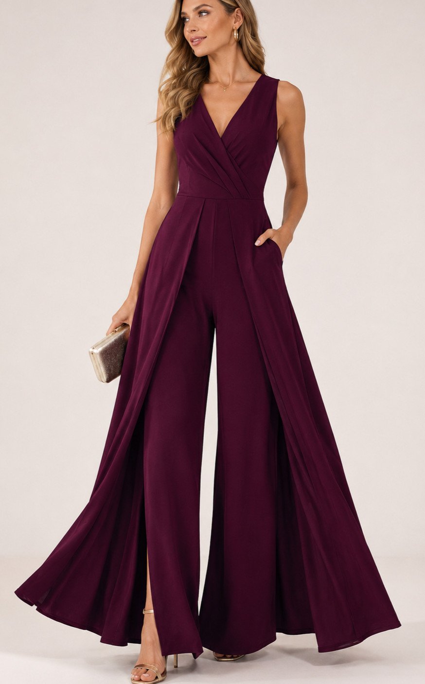 Burgundy Palazzo Jumpsuit Women’s Formal Dress Illusion Wide Leg size L NWT