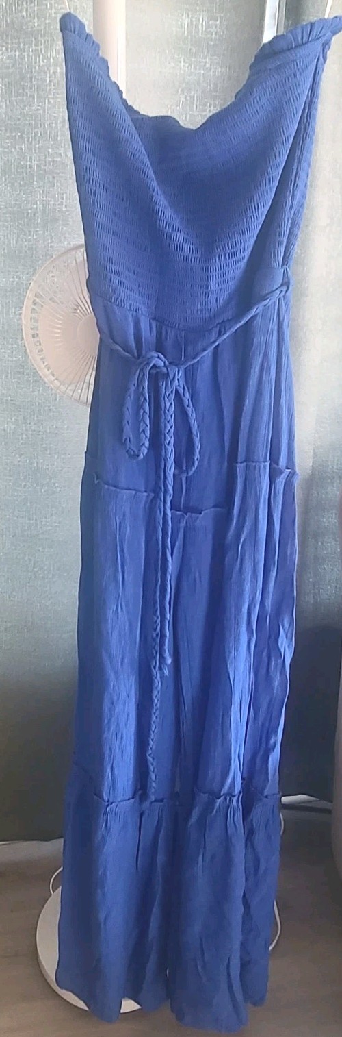 Love Tree Smocked Jumpsuit Large Royal Blue Strapless Wide Leg Gauze Tie Boho