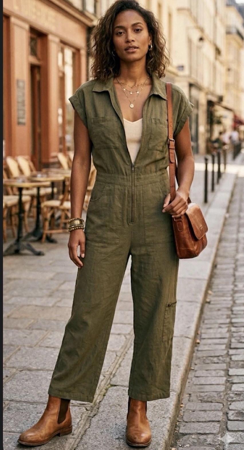 Nicole Miller Womens Utility Linen Jumpsuit Sz 6/8/M Olive Green Zip Front Pants