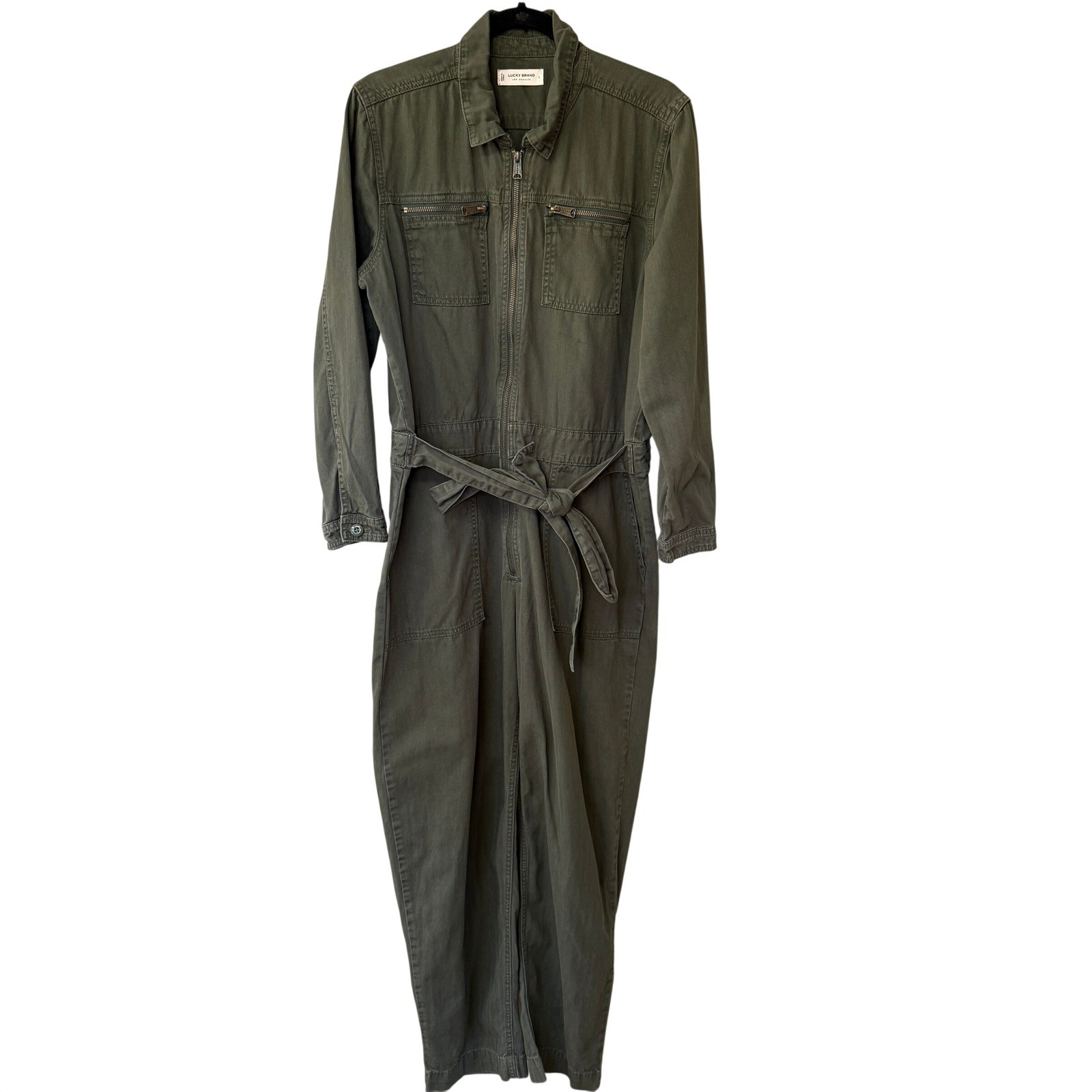 Lucky Brand Womens Tie Front Boiler Jumpsuit Army Green Utility Size Large