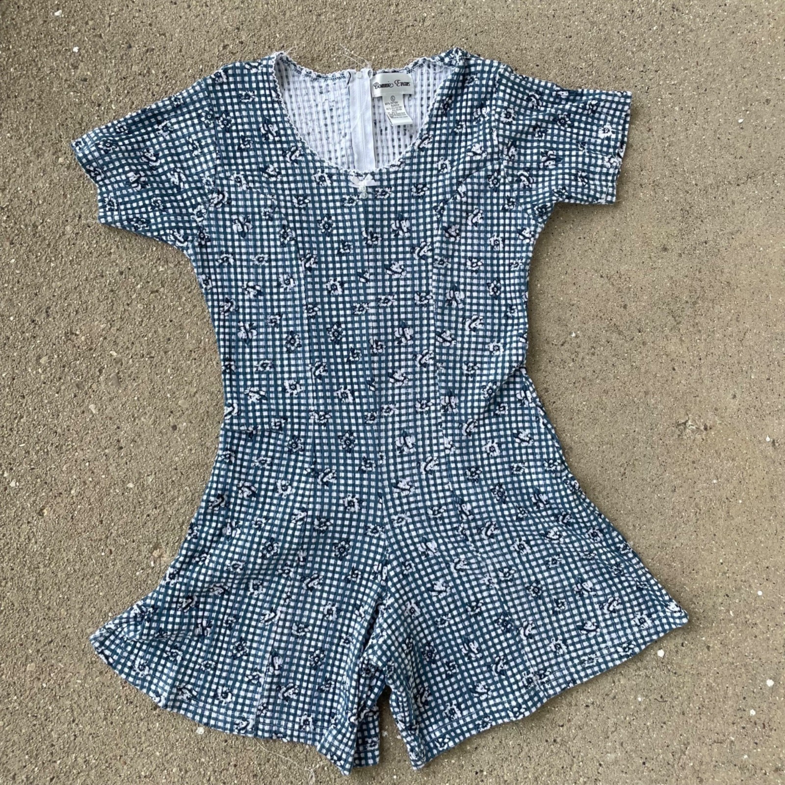 Vintage 90s Romper Floral Check Blue Womens XL Cottagecore Prairiecore Fairy