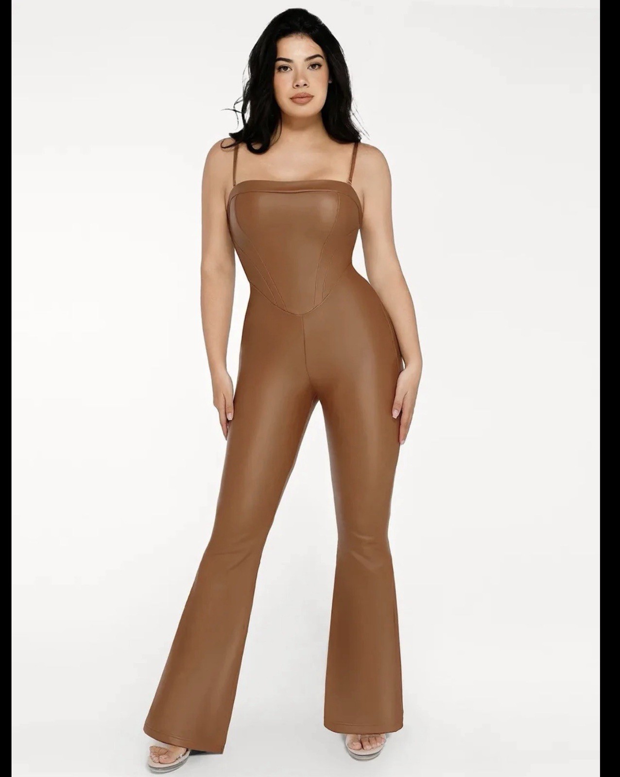 Popilush Womens Small Brown Faux Leather Shapewear Jumpsuit Removable Straps