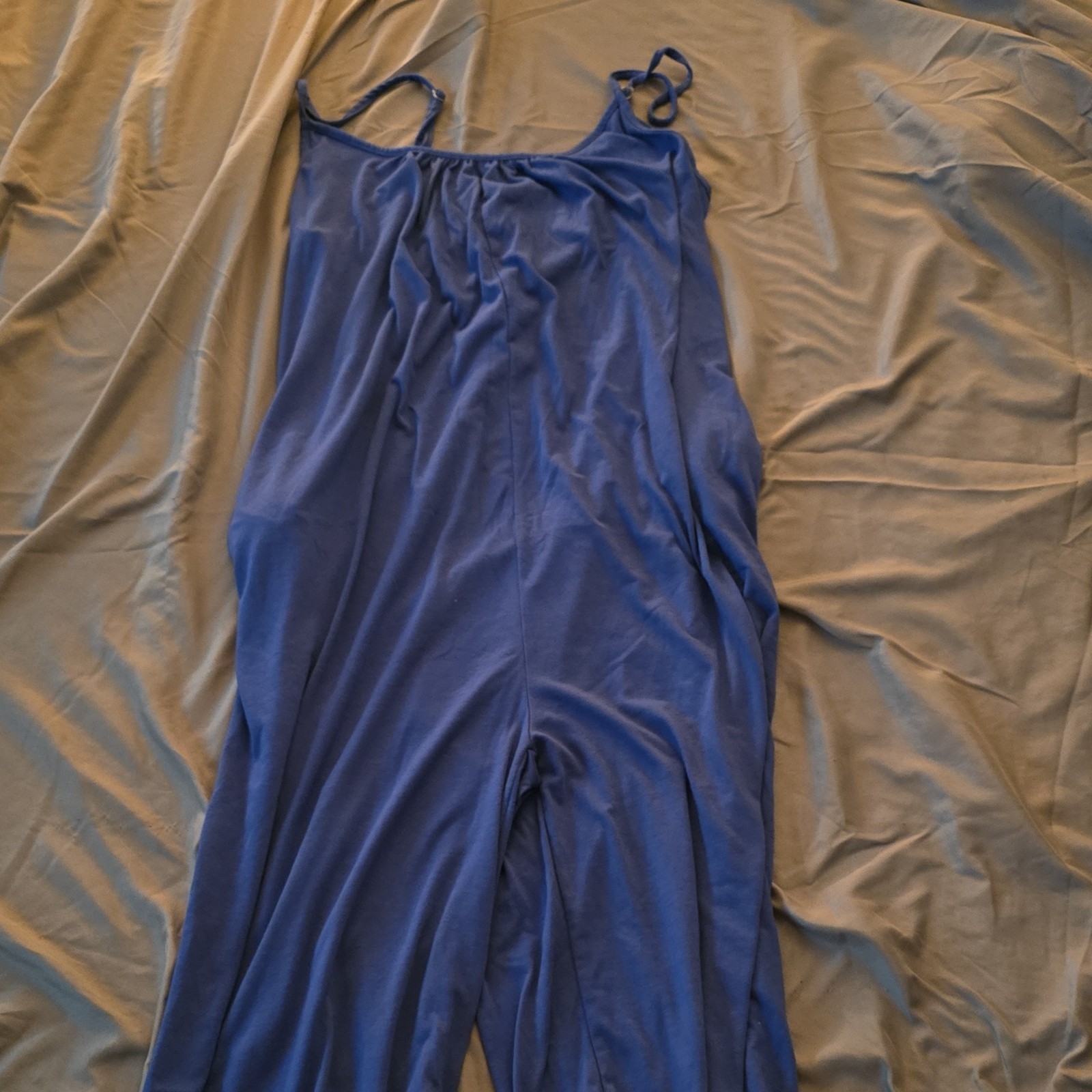 Blue Jumpsuit Adjustable Straps Wide-Leg Scoop Neck Size L with Pockets