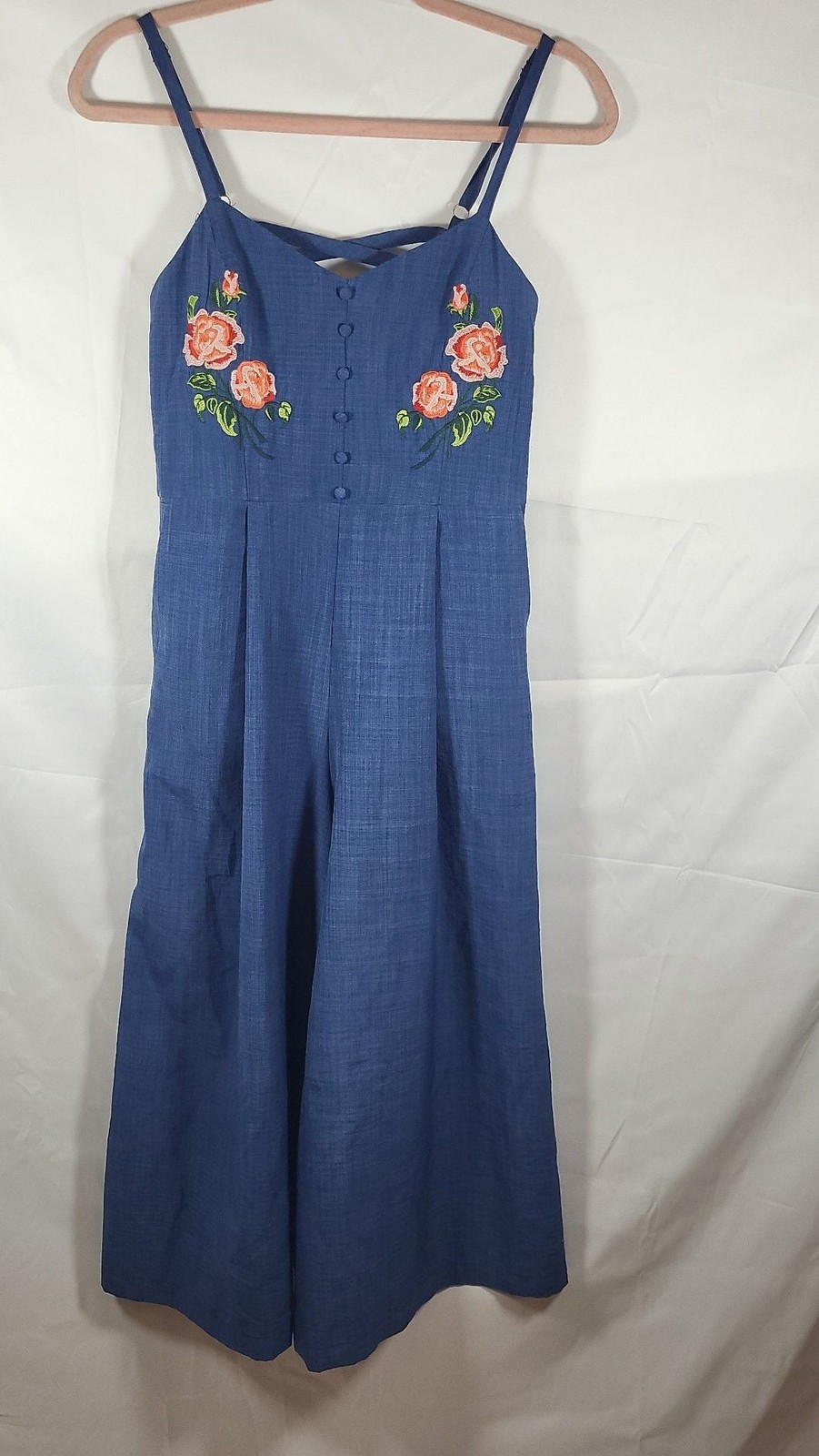 Jealous tomato Whimsical classy Floral Embroidered Wide Leg Chambray Jumpsuit, s