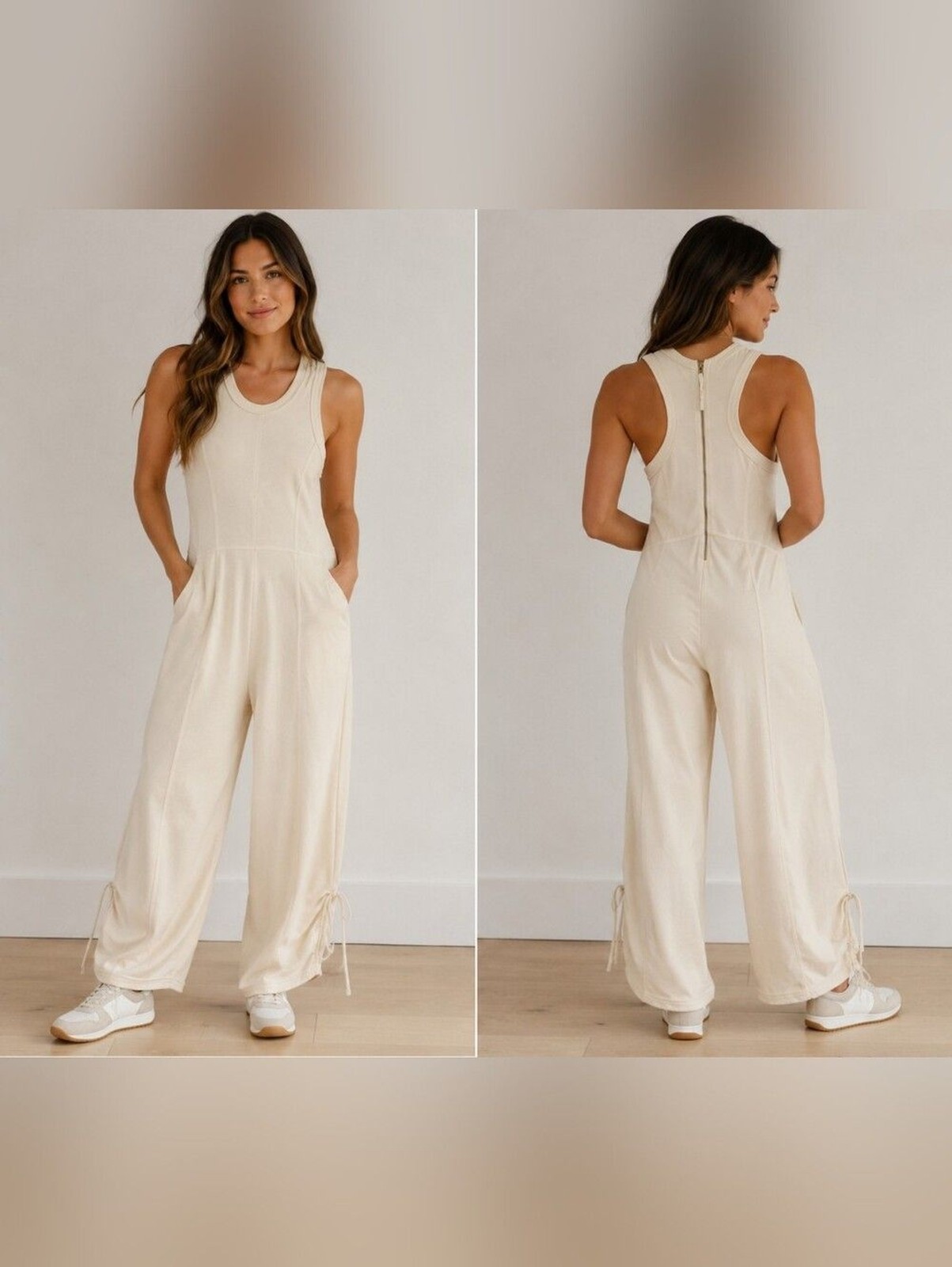 Daily Practice by Anthropologie XXS Ivory French Terry Wide Leg Jumpsuit Zip Bac