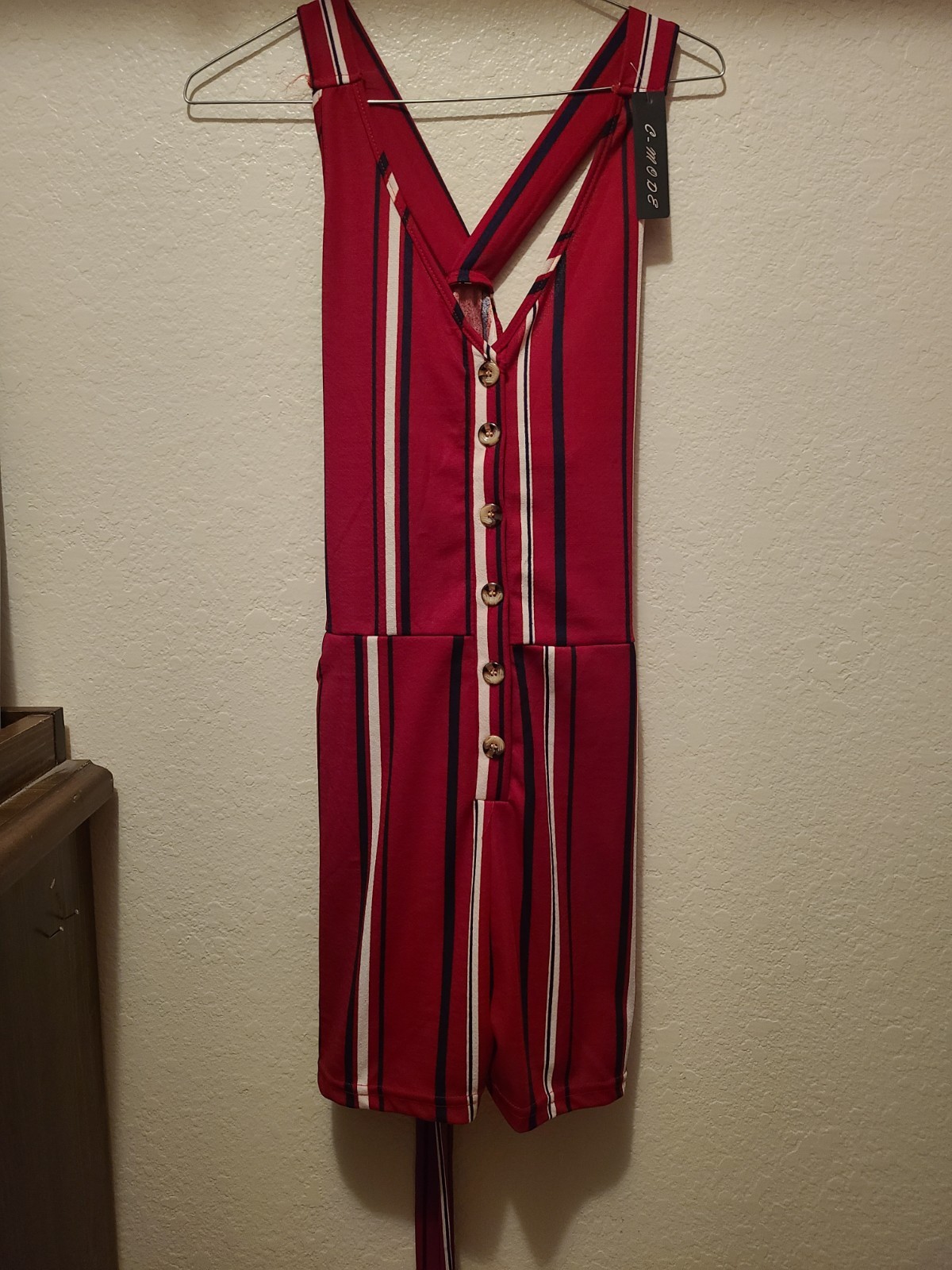 C-MODE Red White Navy Striped Sleeveless Romper S/M Belt Pockets V-Neck Women