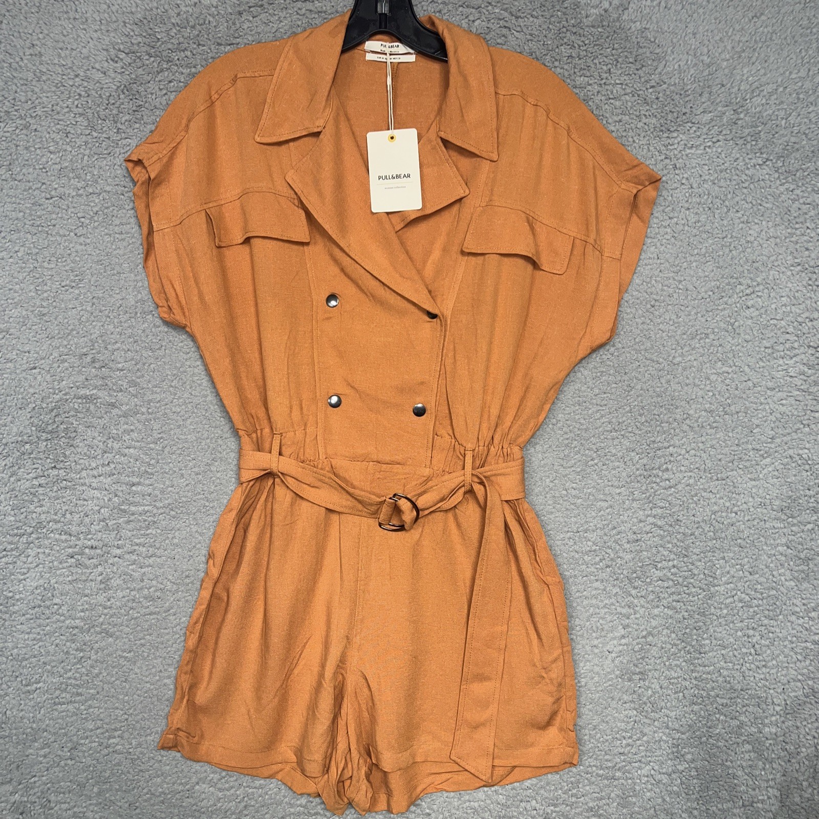 NWT Pull & Bear Belted Romper Women Sz M Orange Viscose Linen Blend Short Sleeve