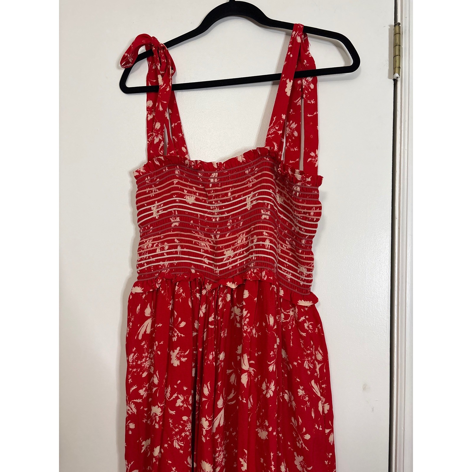 Free People Red Floral Smocked Wide Leg Jumpsuit Tie Shoulder Straps Medium