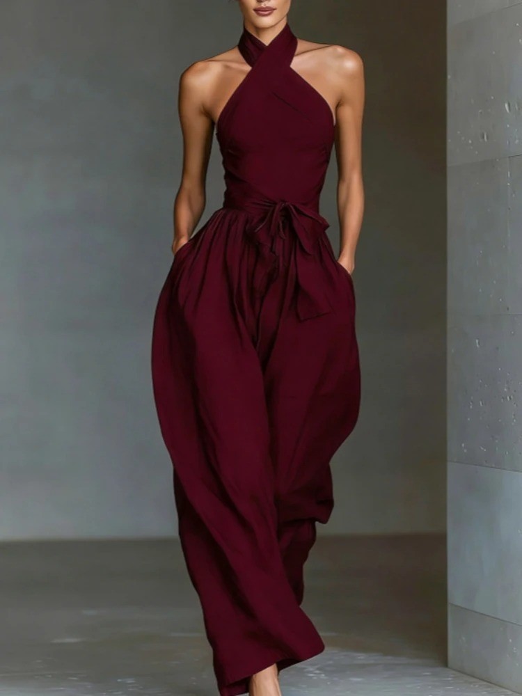 Chic Sexy Ciss Cross Halter Backless Jumpsuit Woman Spring Elegant Tie Waist New