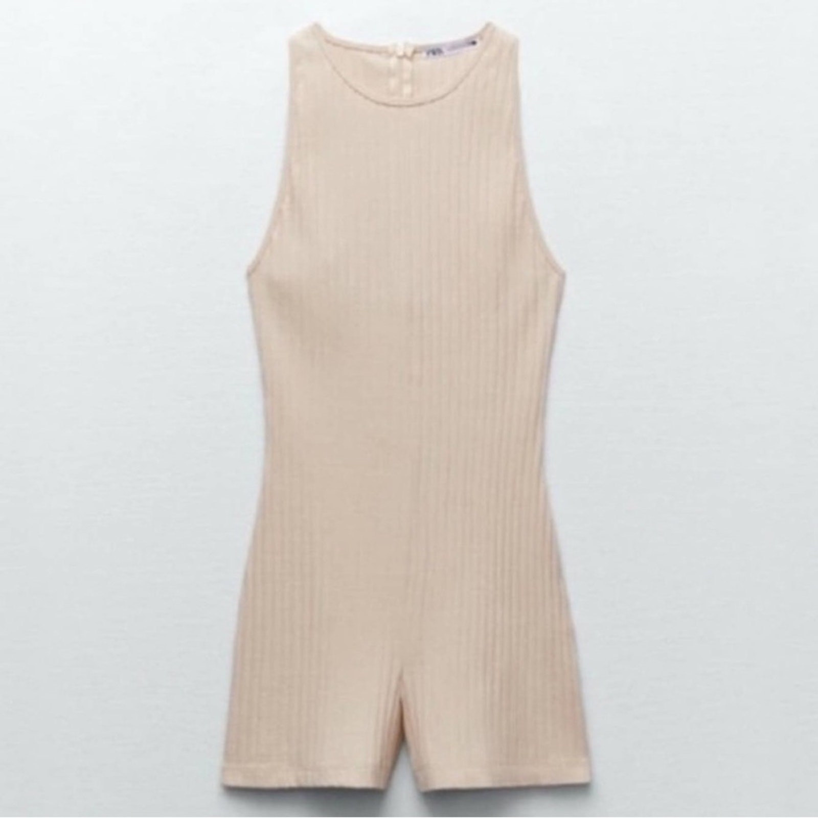 Zara Racerback Ribbed Knit Oatmeal Cream Tan Sleeveless Romper Cat Suit sz Med