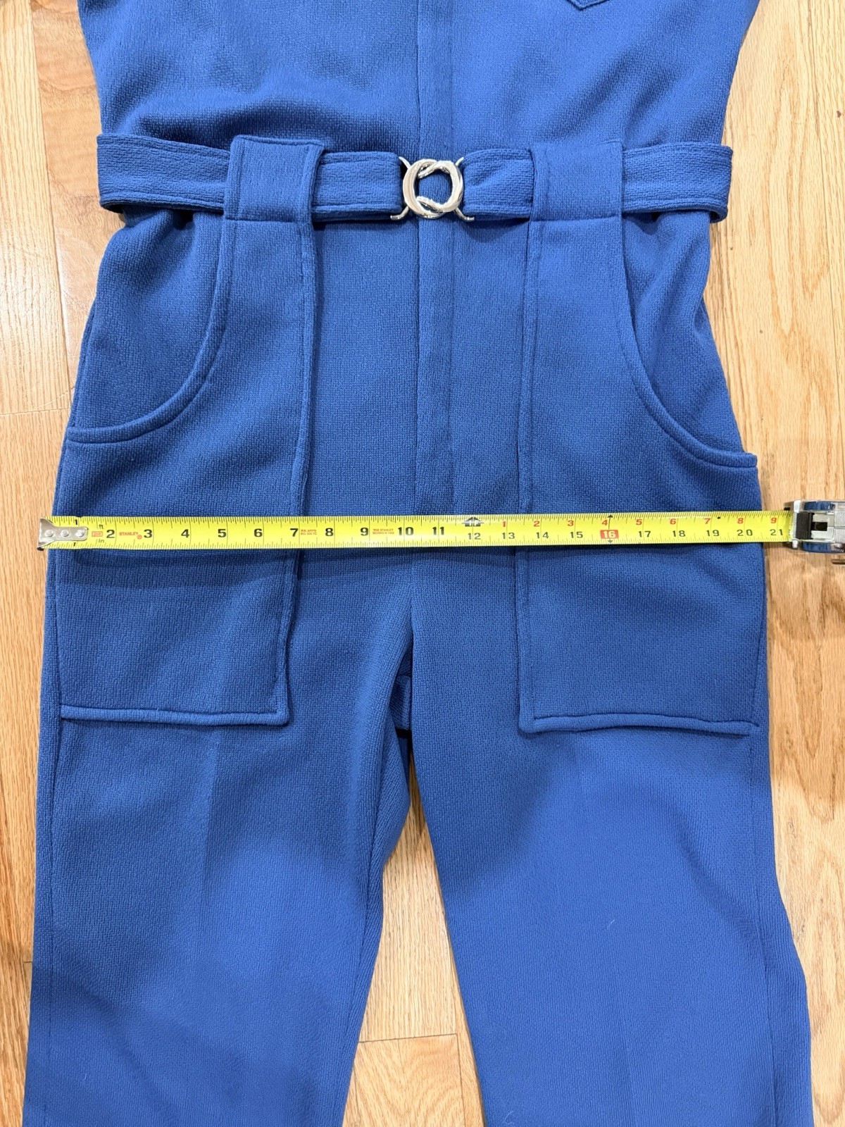 Vintage 70s Blue Belted Jumpsuit Mod Utility Wide Collar Retro Chic