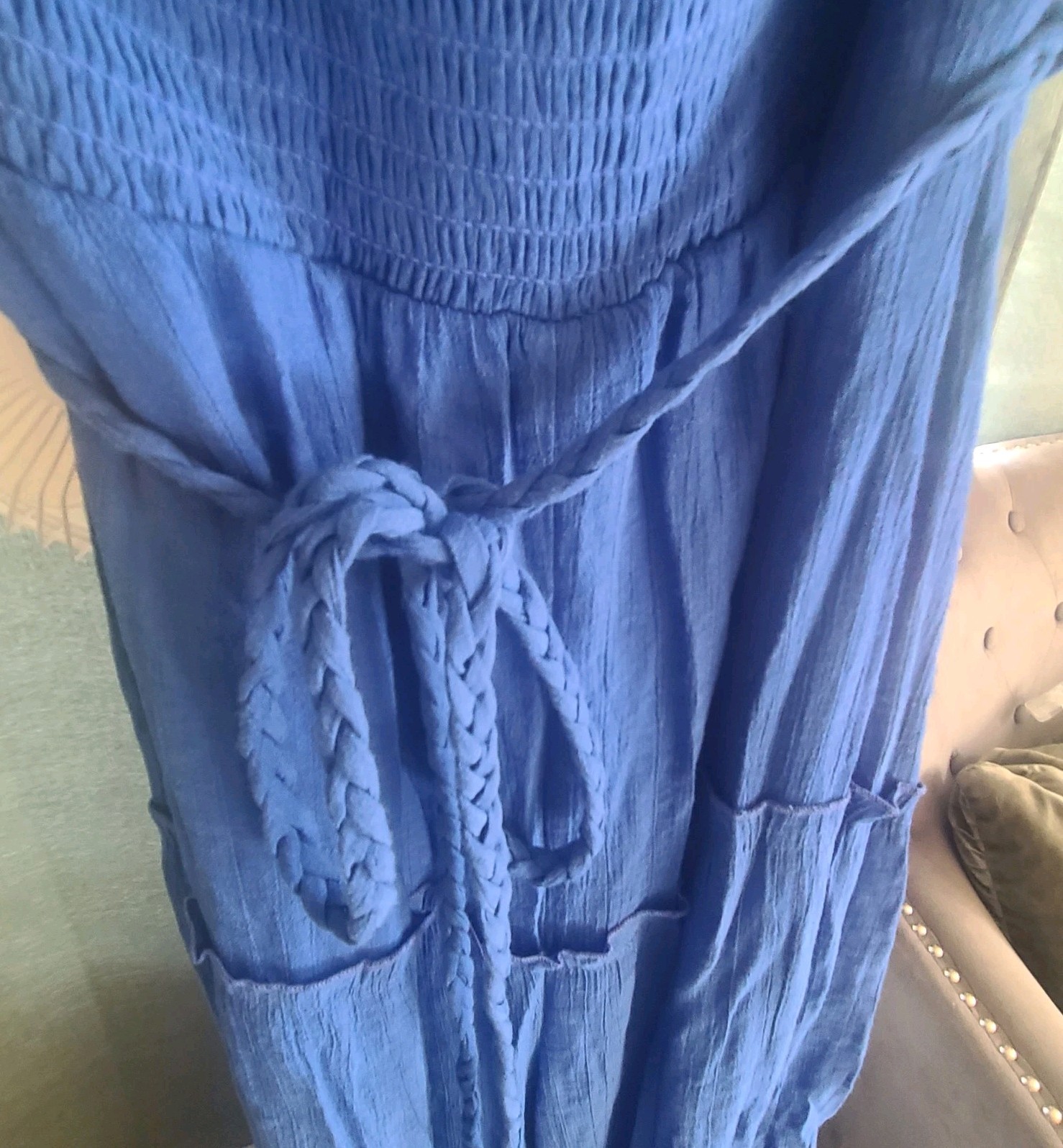 Love Tree Smocked Jumpsuit Large Royal Blue Strapless Wide Leg Gauze Tie Boho