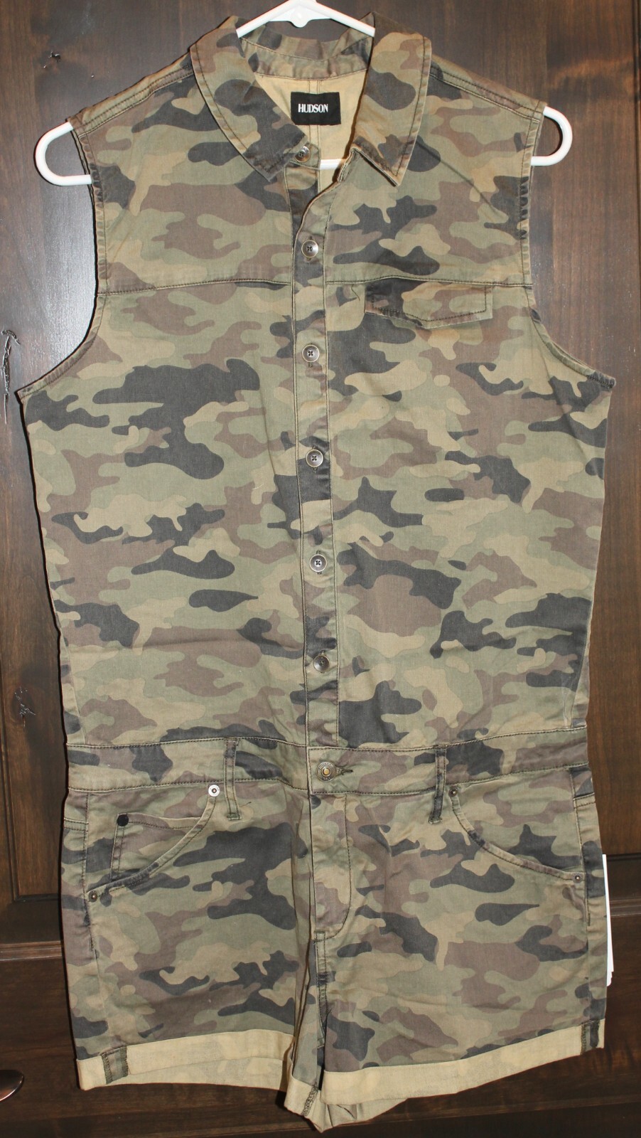 $220 NWT HUDSON SzM HARMONY SLEEVELESS BUTTON FRONT CAMO Print ROMPER NEW!!