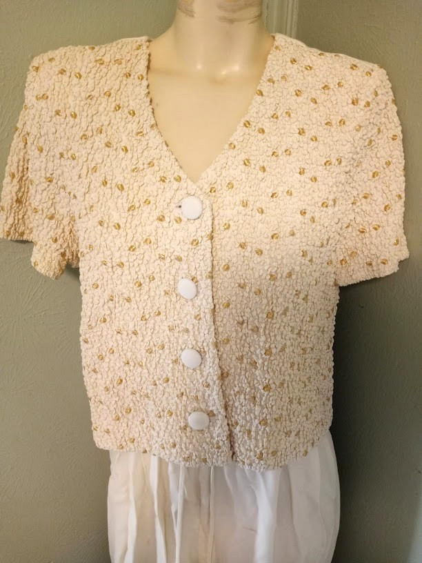 Jeffrey & Dara Jumpsuit Sz 10 Pucker Gold Fleck Front Attached Jacket Formal (98