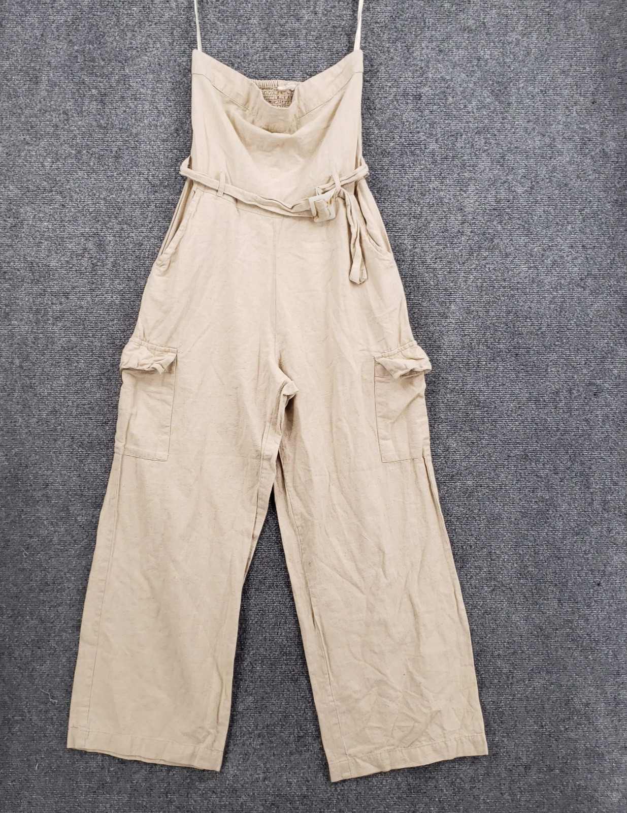 Sim & Sam Cargo Jumpsuit Womens Small Tan Belted Smocked Back Wide Leg Strapless