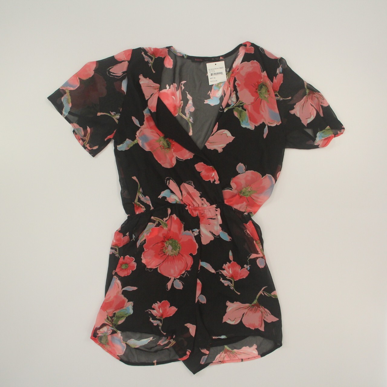 Fraiche by J Women’s Romper Size Medium Black Floral Sheer Back NWT