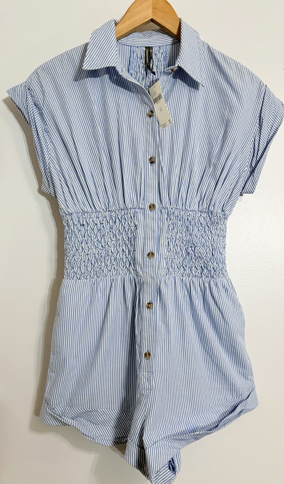 NEW By Anthropologie Button-Front Ruched Blue Striped Playsuit Romper XS $128