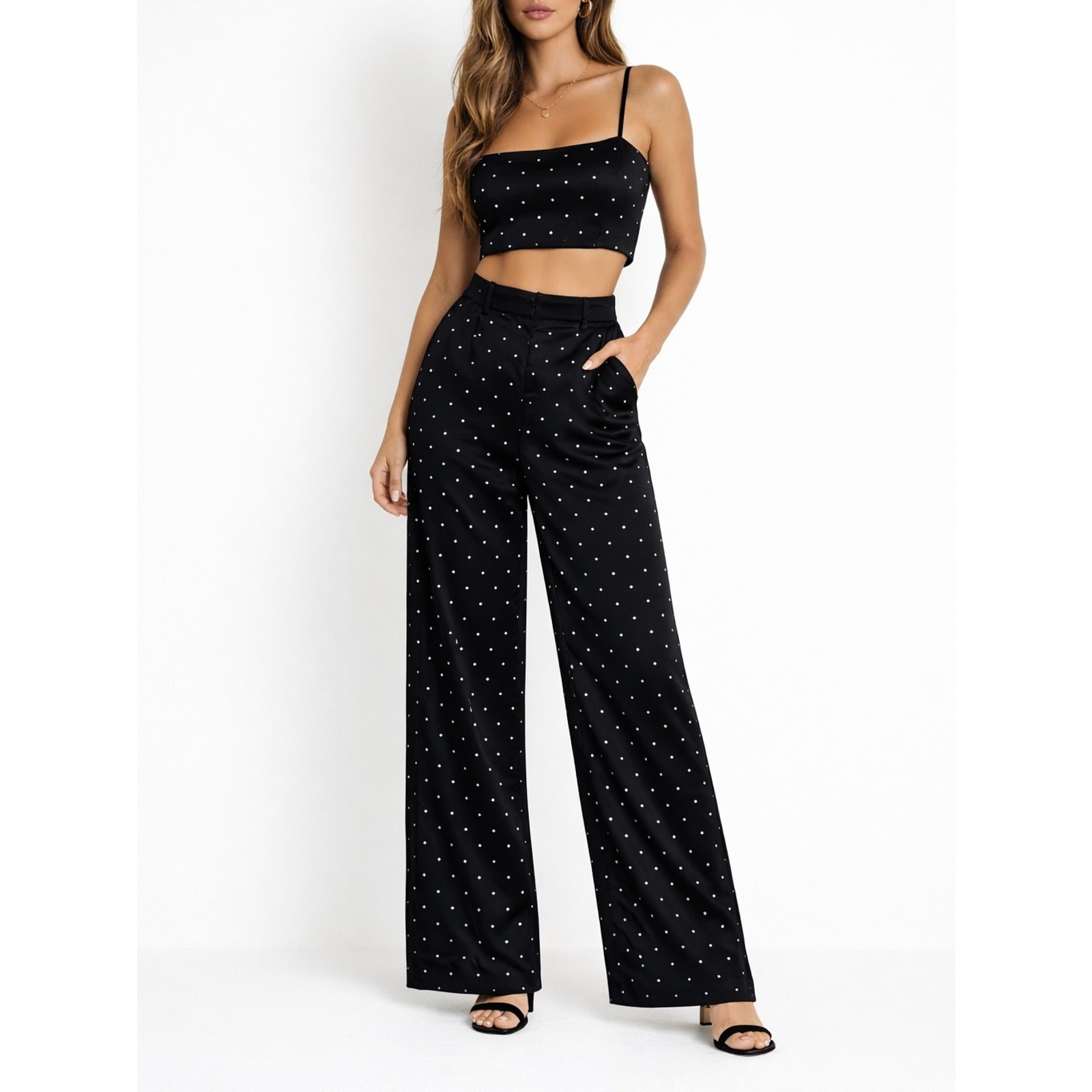 House of Harlow 1960 2 Piece Rhinestone Wide Leg Crop Top Pants Set Black Small