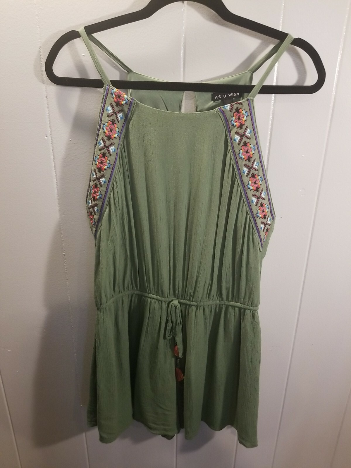 As U Wish Womens L Olive Green Embroidered Romper Festival Boho Gauzy