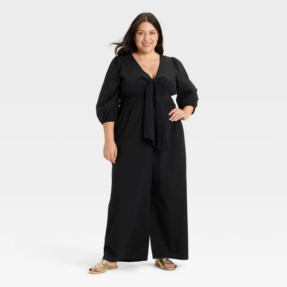 Ava & Viv Flutter Elbow Length Sleeve Tie Front Cotton Black Jumpsuit – Size 2X