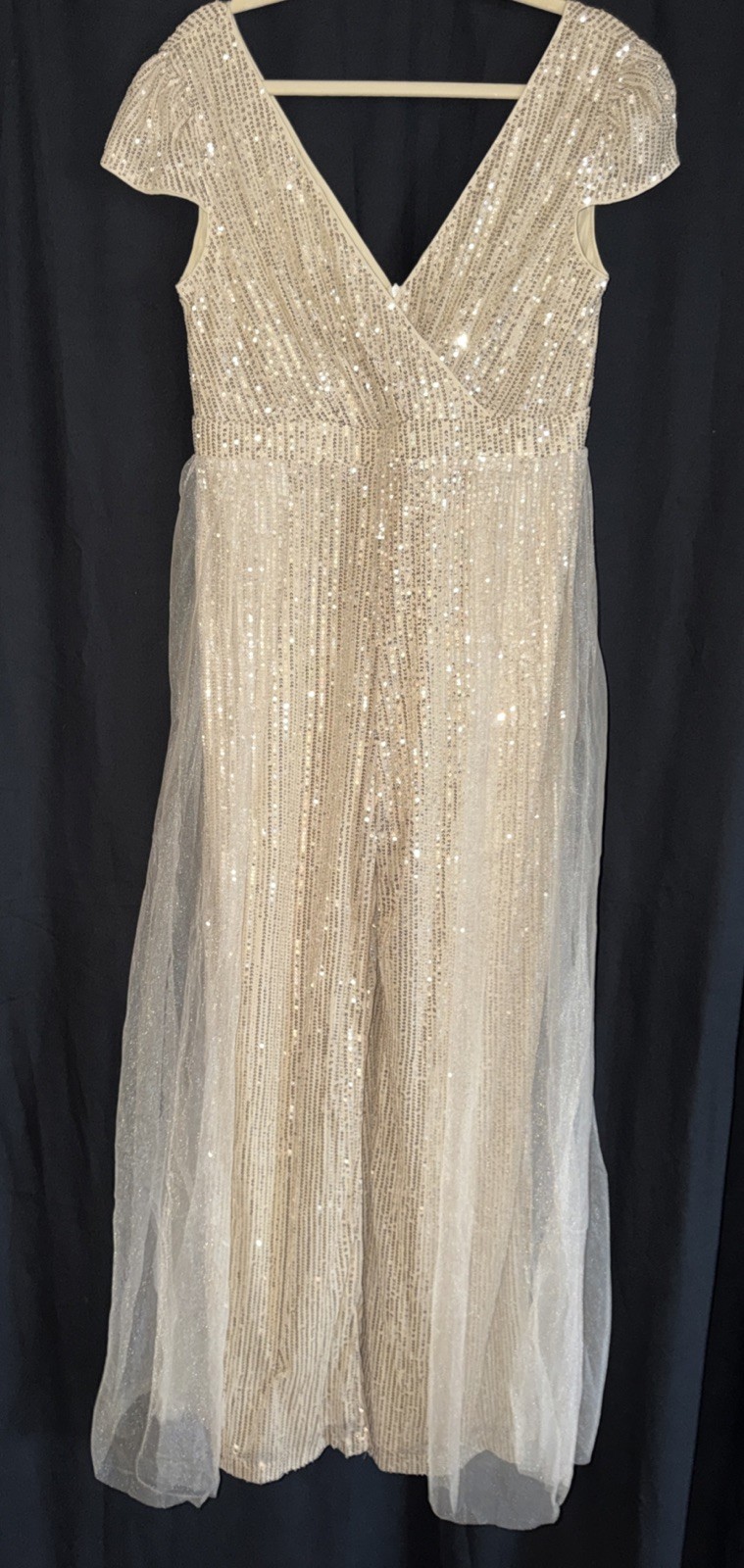 NWT D&M Women’s Gold SEQUINED Formal Jumpsuit W/Sheer Netting Train Large Pants