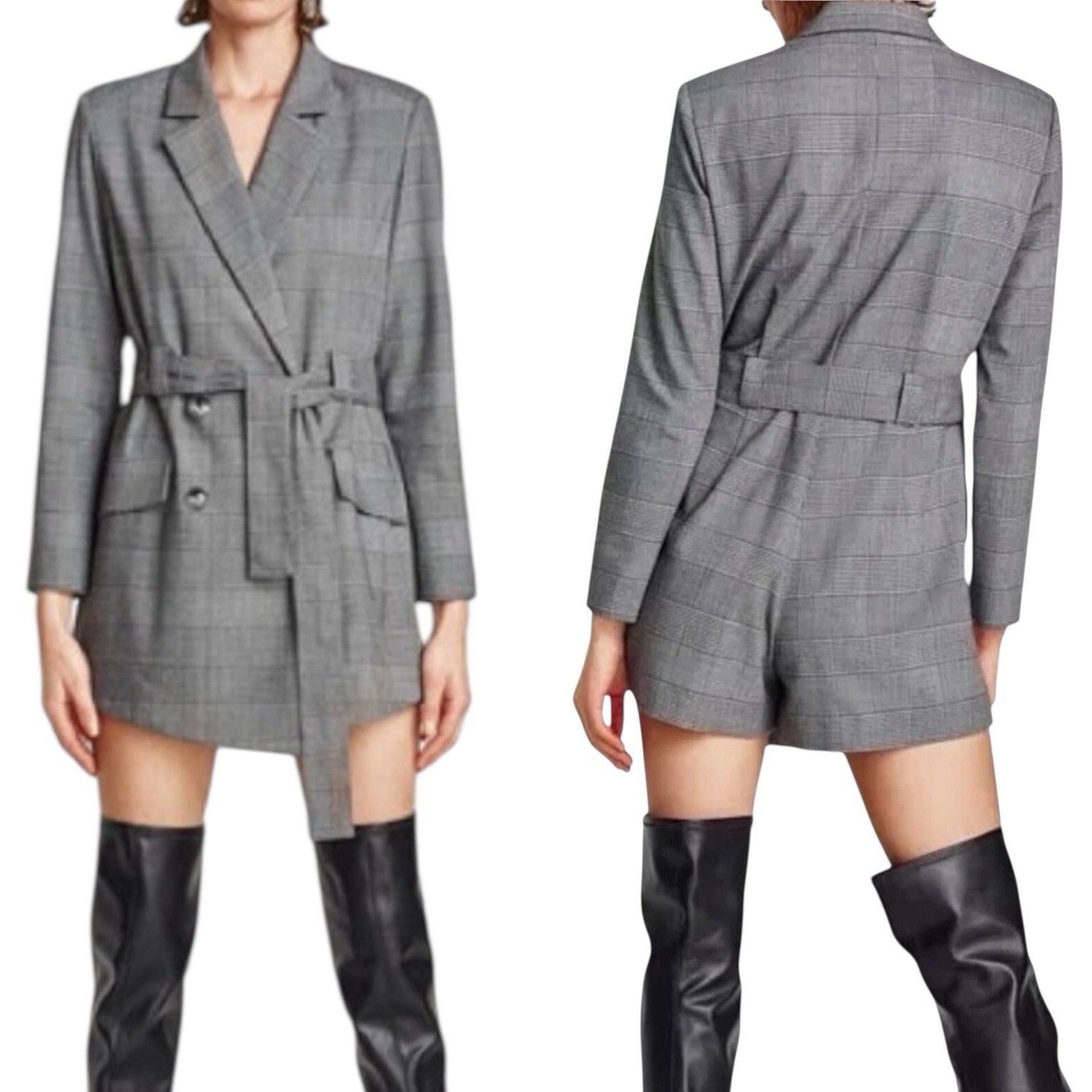 Zara Gray Plaid Romper Skort Built in Shorts Belted Blazer Dress Size M