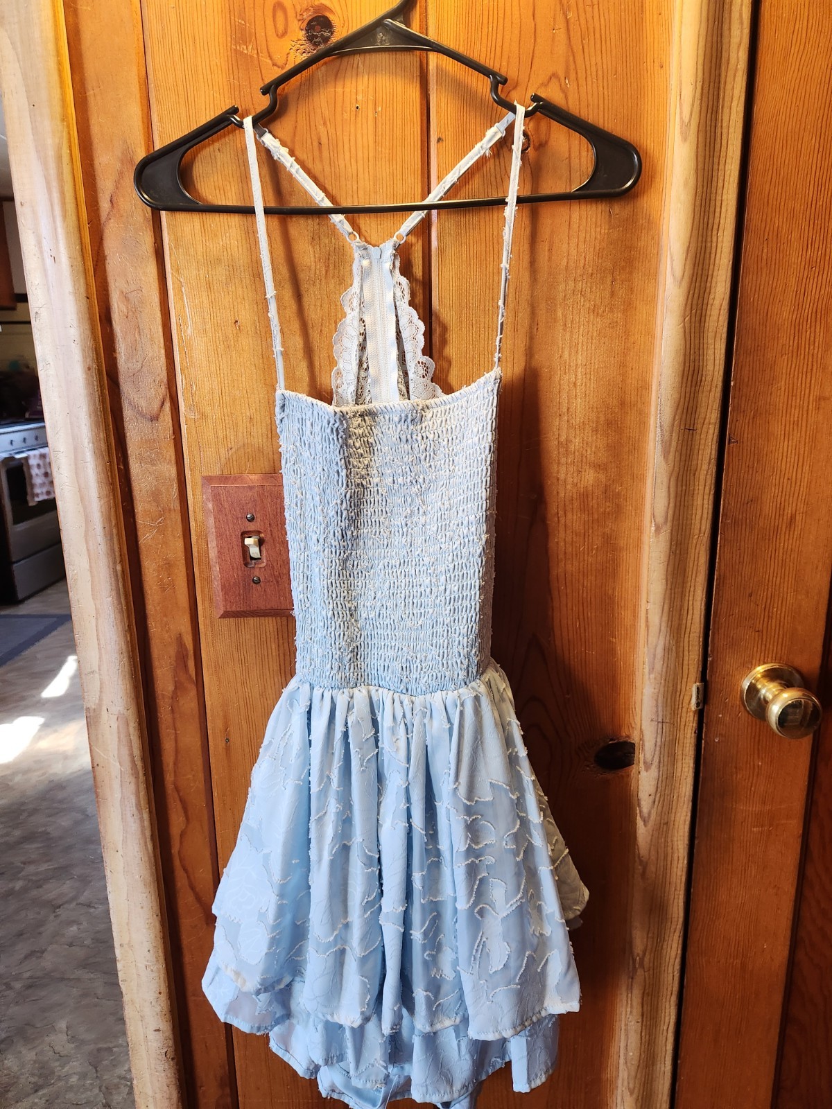 Light Blue Lace Ruffle Sleeveless Romper V-Neck Strappy Floral Bohemian