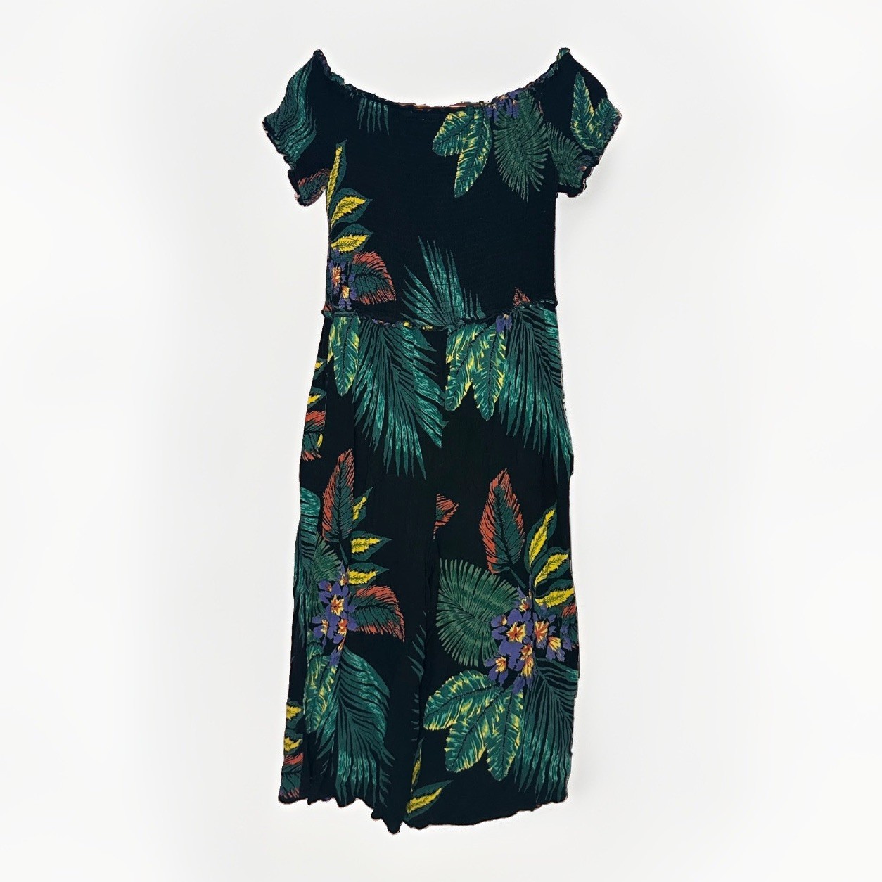 Patrons Of Peace L Tropical Floral Wide Leg Jumpsuit Black Rayon Off Shoulder