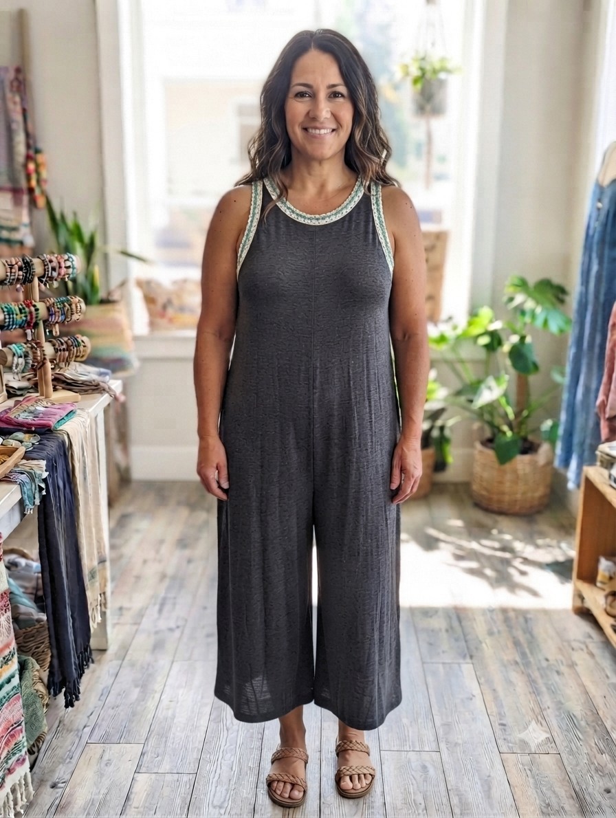 Natural Life NWT Cut To Length Jumpsuit Romper XL Gray Crochet Trim Wide Leg