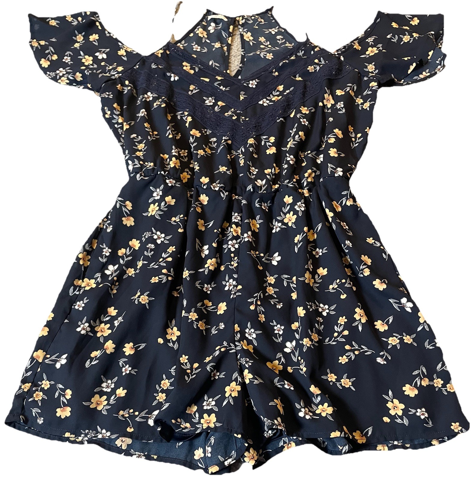 Maurices Floral Cold Shoulder Rompers XL Navy Orange Yellow Rayon Lace Trim Boho
