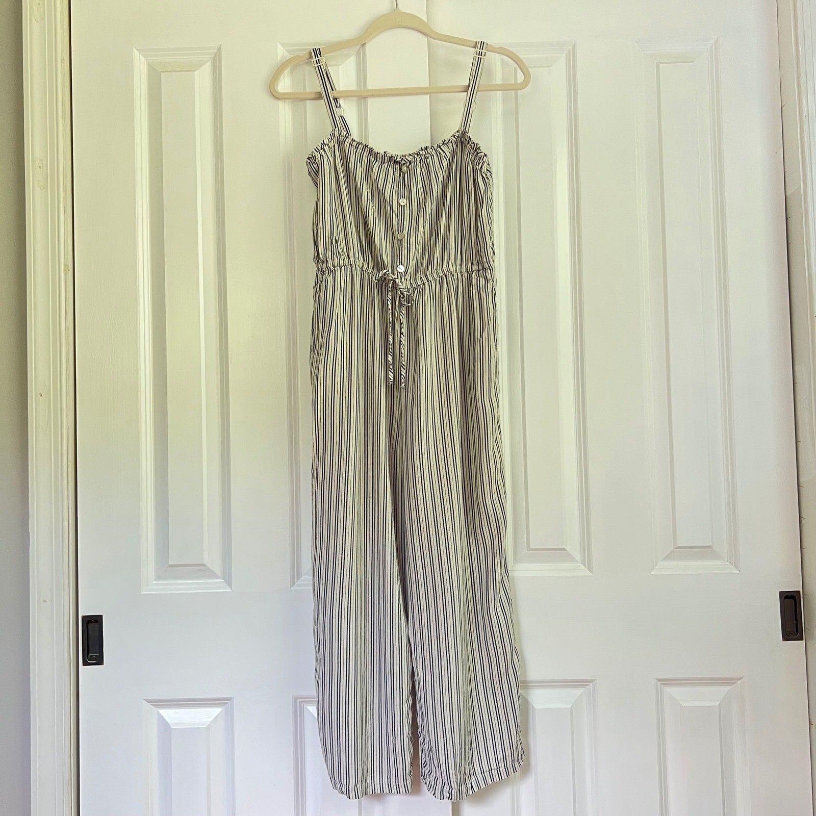 Lily Rose Blue Cream Striped Linen Blend Wide Leg Cottagecore Jumpsuit Size M/L