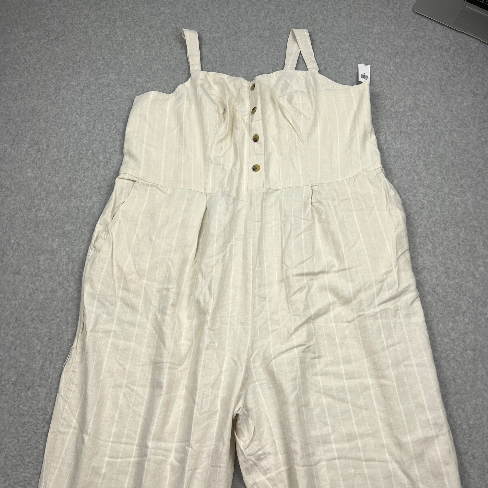 NEW Old Navy Cami Jumpsuit Women 3X Beige Striped Linen Blend Wide Leg Button Up