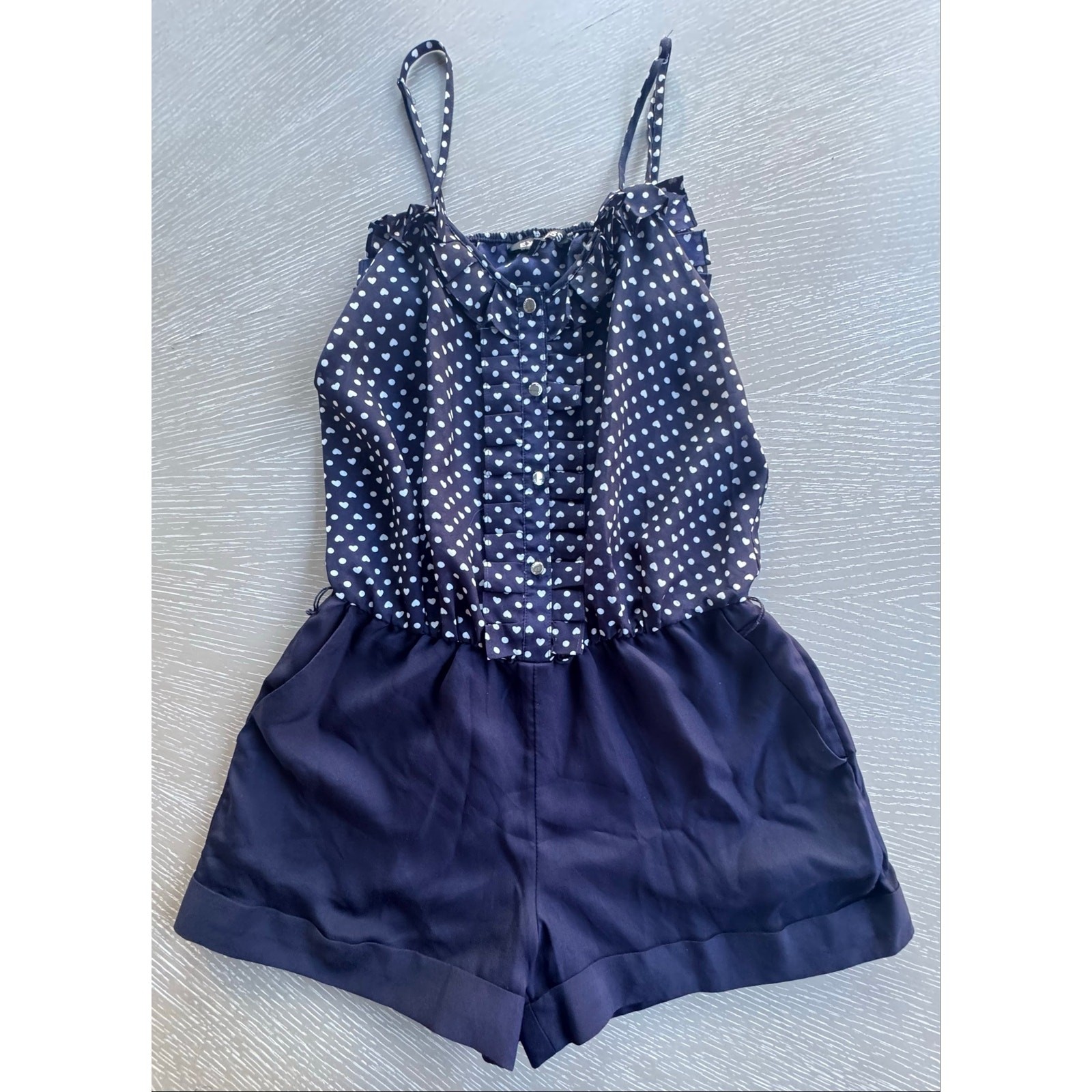 Express Navy Blue Heart Print Ruffled Spaghetti Strap Romper Size XS