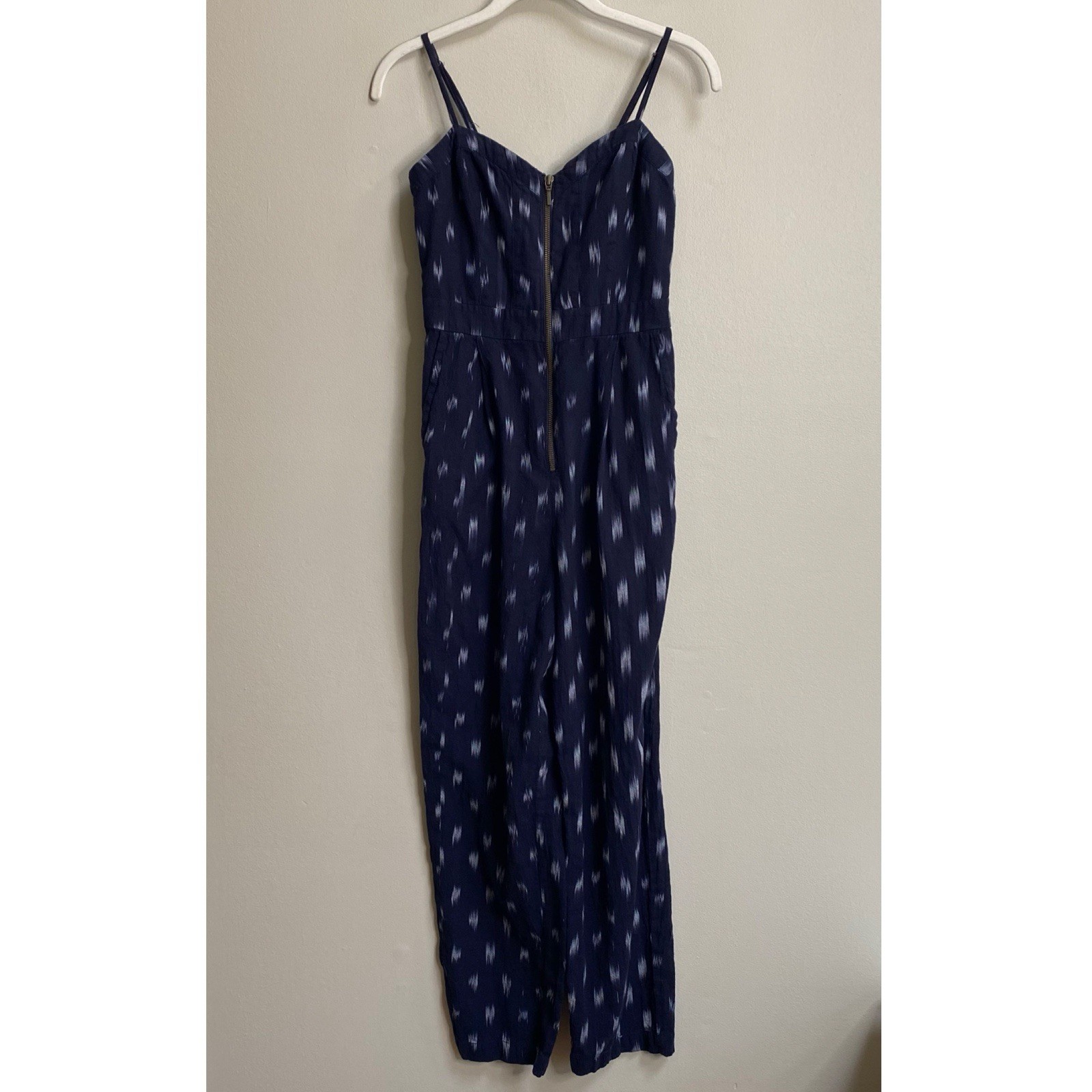Anthropologie Elevenses Navy Blue Cotton Ikat Print Zip-Front Jumpsuit Size 0