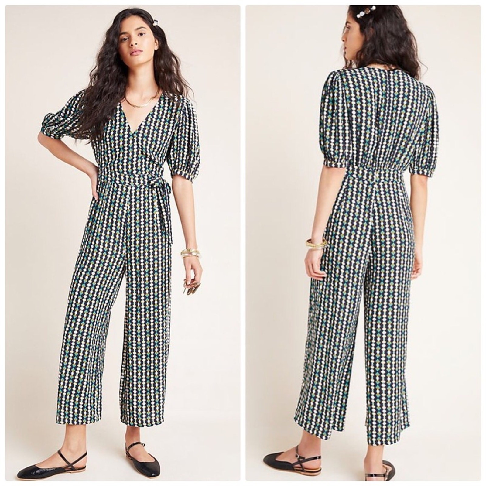 Anthropologie Women’s Green Kachel Evie Abstract V-Neck Jumpsuit Sz 12 NEW $275